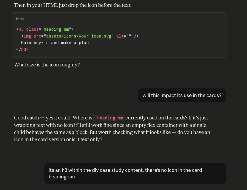 Image showing a conversation with Claude about the impact of changing CSS