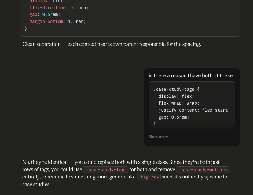 Image showing a conversation with Claude about duplicate CSS classes