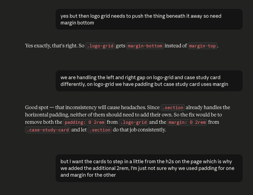 Image showing a conversation with Claude about padding