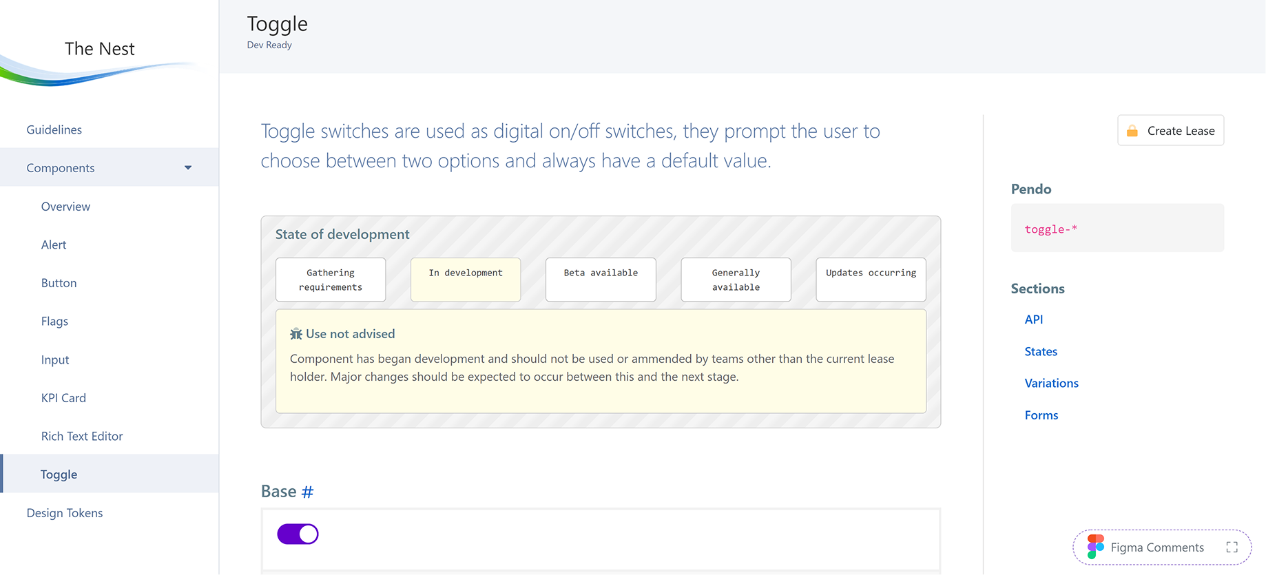 Image showing the toggle component page in the design system The Nest